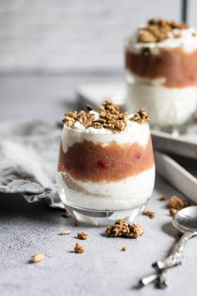 Glasses of healthy sugarfree mascarpone dessert with yogurt, rhubarb and granola, SBDF04636