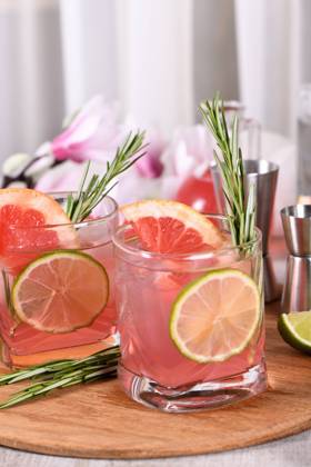 Pink Paloma cocktail red grapefruit with tonic Refreshing organic cocktail with grapefruit slice, lime and rosemary sprig in a glass Copyright: xZoonar.com MarynaxVoronovax 20648571