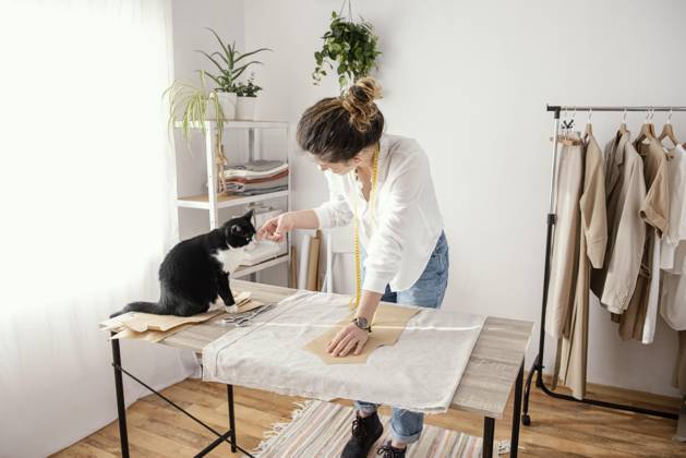 Dress designer at Studio with Cat Copyright: imageBROKER OleksandrxLatkun ibxole09792442.jpg