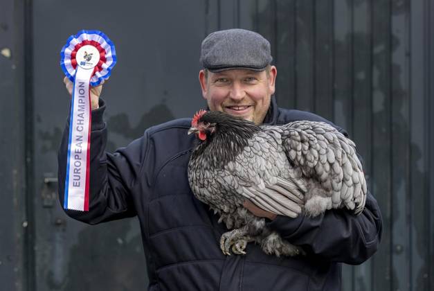 <p>Der Europameister 2023 für Orpington-Hühner, Matthias Schmidt präsentiert sich mit einem Orpington-Huhn am Samstag, dem 11. November 2023 vor einem Stall in der Löhener Egge in Sprockhövel; der Rassegeflügelzüchter wurde in Frankreich dafür ausgezeichnet. Deutschland NRW Sprockhövel Copyright: WalterxFischer