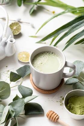 A vertical shot of Green tea latte with milk in a white cup with green leaves and wooden spoon 201075 RECORD DATE NOT STATED