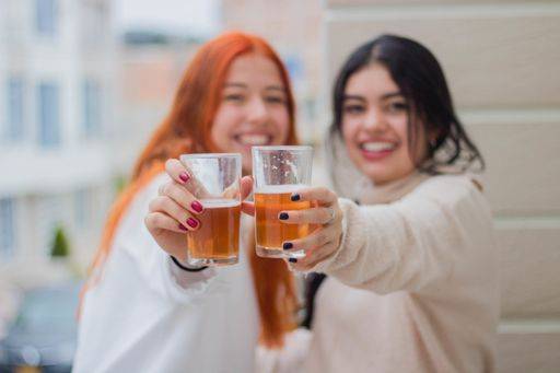 A closeup shot of two female friends drinking beer on the balcony 731577 ,model released, Symbolfoto RECORD DATE NOT STATED