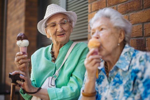 Portrait of two senior female friends in the city, eating ice cream on a hot summer day. Portrait of two senior female friends in the city, eating ice cream on a hot summer day. Elderly ladies on summer vacation in the city. Pensioners on group trip. Concept of senior vacation and travel groups, clubs. model released Copyright: xx HHH SENIOR URBAN GARDEN 2023 HHH 002.jpeg