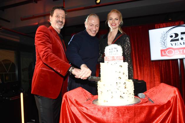 Klaus Rader and Friedemann Findeis L Osteria co-founder Franziska Knuppe Top Model Munich 16 01 2024 L,Osteria Pizza e Pasta 25 Years celebration Schwanthalerstrsse 111, Munich