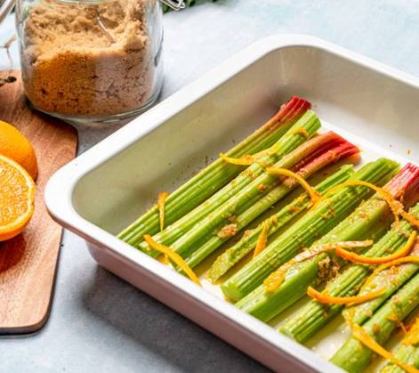 A closeup shot of rhubarb stalks in a rectangle plate. 2469583 RECORD DATE NOT STATED