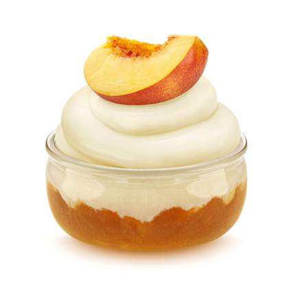 Glass jar of yogurt with peach jam isolated on white background Healthy layered dessert, glass jar of yogurt with peach jam isolated on white background with clipping path Copyright: xZoonar.com MaksimxLashcheuskix 20998573
