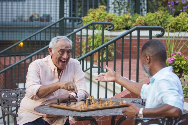 Friends playing chess in garden Richmond, Virginia, USA, 11.08.2016, model released, TTBB_BLD237004.jpg, 65-69 years, 70-74 years, active seniors, african-american ethnicity, authentic, authenticity, board game, candid, challenge, chess, color image, competing, competition, day, diversity, enjoying, friend, game, garden, happy, horizontal, latin american and hispanic ethnicity, laughing, leisure activity, man, meeting, multi-ethnic group, multicultural, multiculturalism, nature, outdoors, park, people, photography, playful, playing, real people, recreation, richmond, selective focus, senior adult, senior men, sitting, smiling, strategy, surprise, three quarter length, two people, united states, victory, virginia, winning, minority, minorit Copyright: xWHLx