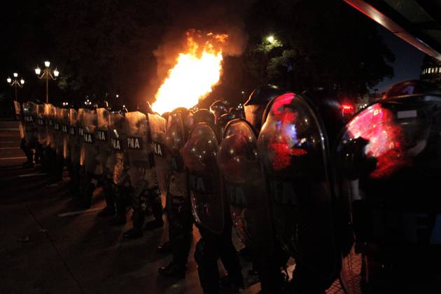 February 2, 2024, Buenos Aires, Federal Capital, Argentina: February 2, 2024, Buenos Aires, Argentina: The security agencies of the Argentine state strongly repressed demonstrators who were protesting in the vicinity of the nation s Congress in repudiation of the approval, in the chamber of deputies, of the controversial Omnibus Law of the newly elected president, Javier Milei. In the repression, older adults were beaten, run over, and sprayed with pepper spray. They also strongly detained a photographer. Buenos Aires Argentina - ZUMAa179 20240202_aap_a179_013 Copyright: xRobertoxAlmeidaxAveledox