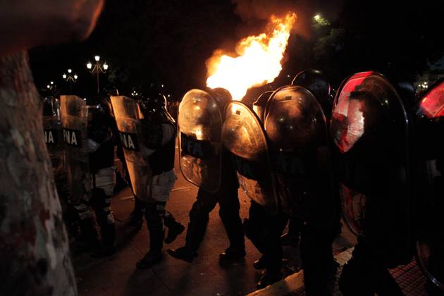 February 2, 2024, Buenos Aires, Federal Capital, Argentina: February 2, 2024, Buenos Aires, Argentina: The security agencies of the Argentine state strongly repressed demonstrators who were protesting in the vicinity of the nation s Congress in repudiation of the approval, in the chamber of deputies, of the controversial Omnibus Law of the newly elected president, Javier Milei. In the repression, older adults were beaten, run over, and sprayed with pepper spray. They also strongly detained a photographer. Buenos Aires Argentina - ZUMAa179 20240202_aap_a179_014 Copyright: xRobertoxAlmeidaxAveledox