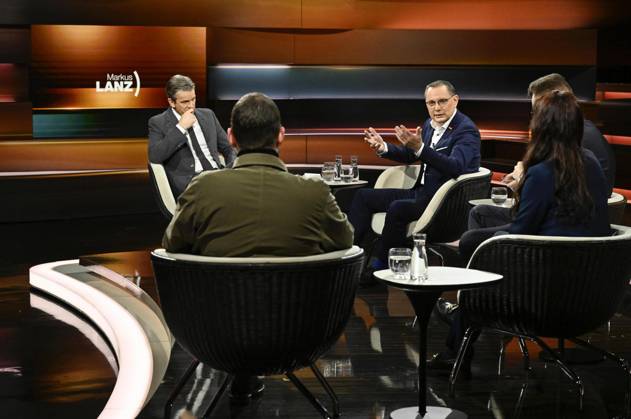 Talk round at Markus Lanz , ZDF 02 24 her Markus Lanz, Lukas Rietzsche Rücken , Tino Chrupalla from left with Claus Ruhe Madsen and Fra