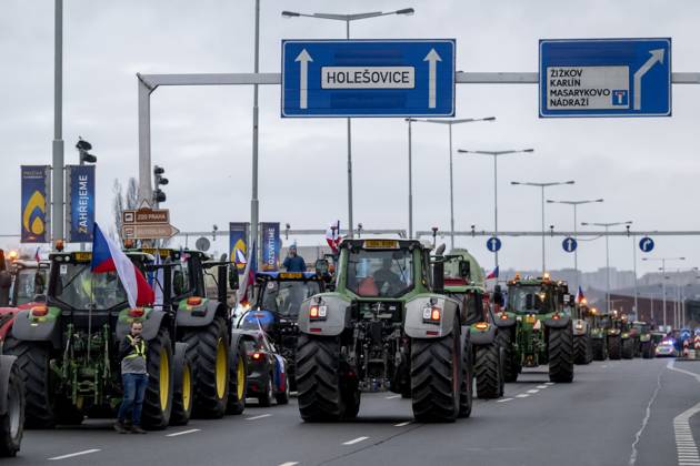 Czech farmers block Prague arterial road by tractors in protest against situation in Czech agriculture, in Prague, Czech Republic, on February 19, 2024. Protesters demand that Czech government withdraw from the Green Deal for Europe. (CTKxPhoto OndrejxDeml) CTKPhotoP2024021901615  CTKPhotoP2024021901615