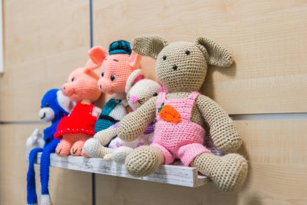 A collection of colorful handmade crochet stuffed toys, including animals, lined up on a wooden shelf against a neutral background Model Released NataliaPenado_ID19743_585601_005 Copyright: xNataliaxPenadox RECORD DATE NOT STATED