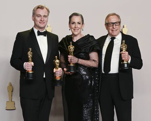 March 10, 2024, Hollywood, California, U.S.: Christopher Nolan, Emma Thomas and Charles Roven in the Press Room during the 96th Academy Awards, presented by the Academy of Motion Picture Arts and Sciences (AMPAS), at the Dolby Theatre in Hollywood. Hollywood U.S. - ZUMAb173 20240310_aap_b173_230 Copyright: xBillyxBennightx