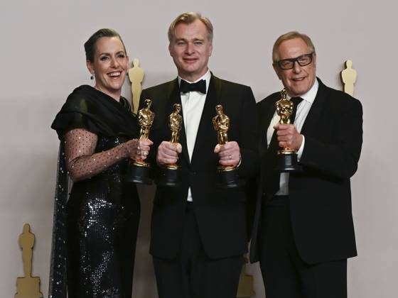 March 10, 2024, Hollywood, California, U.S.: Emma Thomas, Christopher Nolan and Charles Roven in the Press Room during the 96th Academy Awards, presented by the Academy of Motion Picture Arts and Sciences (AMPAS), at the Dolby Theatre in Hollywood. Hollywood U.S. - ZUMAb173 20240310_aap_b173_218 Copyright: xBillyxBennightx