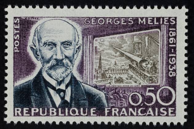 GEORGES MÉLIÈS (1861-1938). French film director. On a French postage stamp, 1961, with a scene from his 1902 film A Trip to the Moon ( Le voyage dans la lune ).  Copyright: xGRANGERx xGRANGERx 0033308