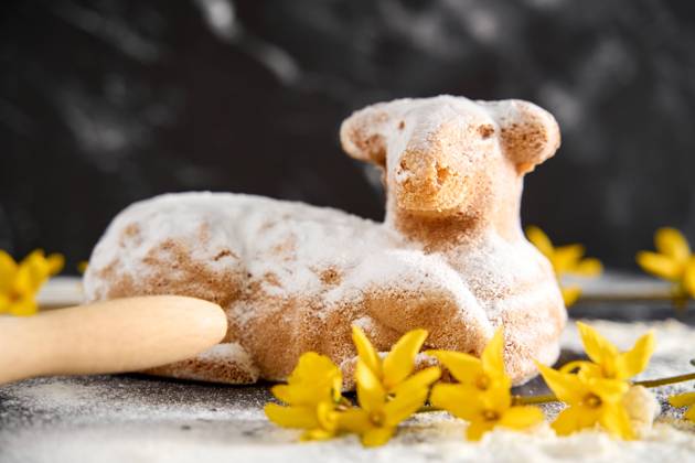 Augsburg, Bavaria, Germany - March 22, 2024: Traditional Easter lamb as a cake for Easter. Baking concept with flour, eggs and fresh yellow flowers