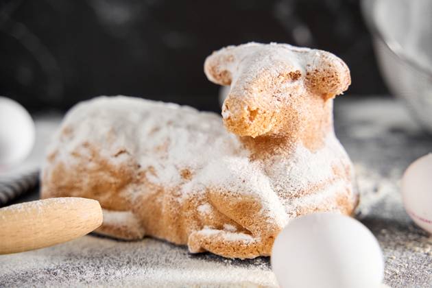 Augsburg, Bavaria, Germany - March 22, 2024: Traditional Easter lamb as a cake for Easter. Baking concept with flour, eggs