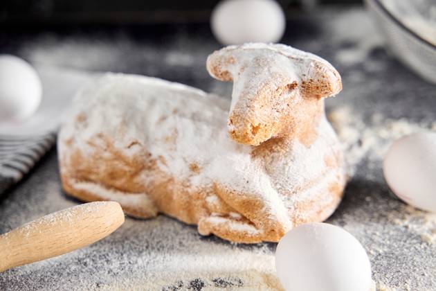 Augsburg, Bavaria, Germany - March 22, 2024: Traditional Easter lamb as a cake for Easter. Baking concept with flour, eggs