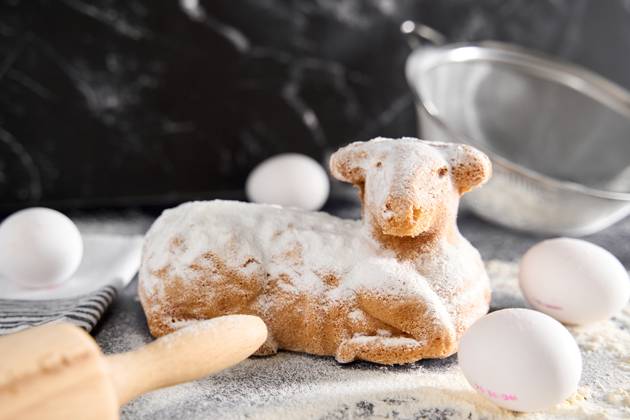 Augsburg, Bavaria, Germany - March 22, 2024: Traditional Easter lamb as a cake for Easter. Baking concept with flour, eggs