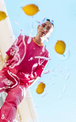 Reflection of young woman in mirror under blue sky model released, Symbolfoto, EGHF00846