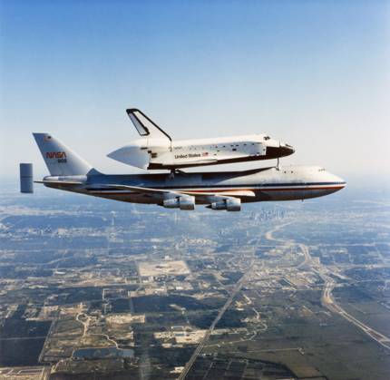 SPACE SHUTTLE ENTERPRISE. The NASA Space Shuttle Enterprise riding atop its 747 jumbo carrier. Photograph, c1977.  Copyright: xGRANGERx xGRANGERx 0184128