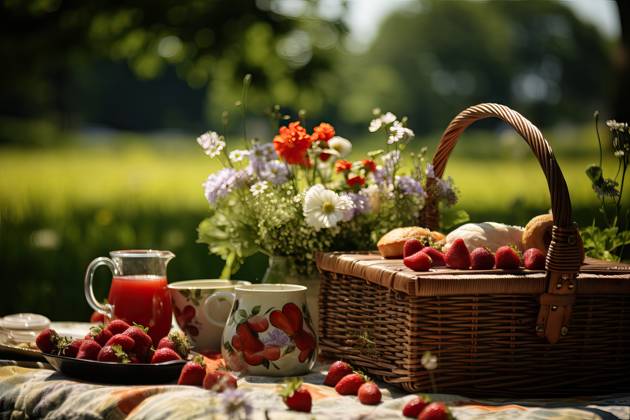 A peaceful picnic setup featuring fresh strawberries, a wicker basket, flowers, and refreshments in a sunny meadow. Generative AI image Model Released Golibt_ID19452_575842_001 Copyright: xGolibtx RECORD DATE NOT STATED
