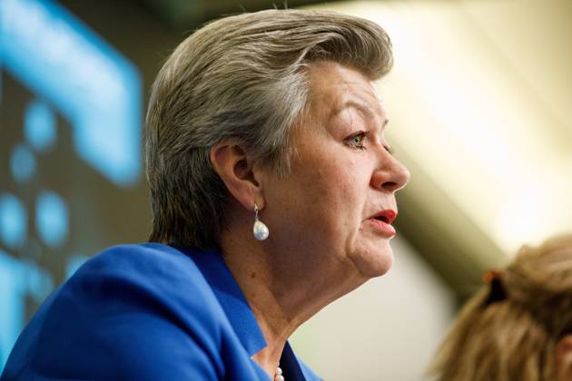 EU Commissioner for Home Affairs Ylva Johansson pictured during an hybrid press conference of Europol to present a report on the most threatening criminal networks in the European Union, in Brussels, Thursday 04 April 2024. HATIMxKAGHAT 90366017