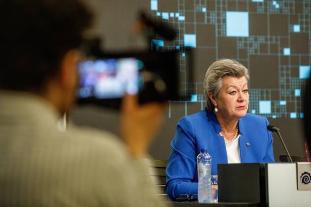 EU Commissioner for Home Affairs Ylva Johansson pictured during an hybrid press conference of Europol to present a report on the most threatening criminal networks in the European Union, in Brussels, Thursday 04 April 2024. HATIMxKAGHAT 90366021