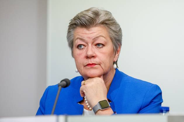 EU Commissioner for Home Affairs Ylva Johansson pictured during an hybrid press conference of Europol to present a report on the most threatening criminal networks in the European Union, in Brussels, Thursday 04 April 2024. HATIMxKAGHAT 90366107