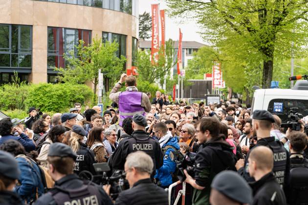 2024 04 12,Berlin,Palestine Congress,taking place this weekend in a Tempelhof industrial complex Numerous visitors waiting to get in