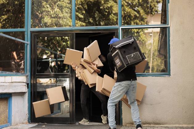 Deliveryman dropping pizza boxes pile at custome Deliveryman dropping pizza boxes pile at customer, clumsy courier carrying client food order outdoors. Bad delivery service, african american man with falling fastfood packages huge stack Copyright: xDragosxCondrea RECORD DATE NOT STATED