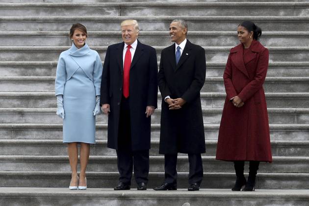 Donald Trump Inauguration From left, first lady Melania Trump, United States President Donald Trump, former US President Barack Obama and Michelle Obama stand on the steps of the U.S. Capitol on Friday, Jan. 20, 2017, in Washington, after Trump s inauguration ceremony. Photo Credit: Rob Carr CNP AdMedia Washington District of Columbia United States of America EDITORIAL USE ONLY  Copyright: xx RobxCarrx admphotostwo326607