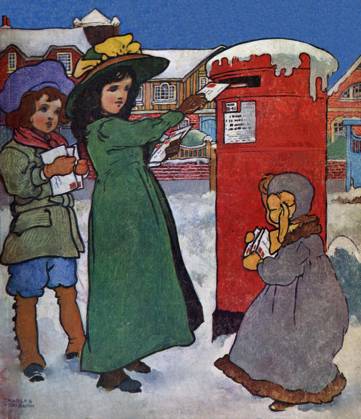 RECORD DATE NOT STATED Children posting their Christmas cards Posting letters at Xmas - illustration by Charles Robinson. Date: circa 1910  Copyright: Copyrightx(c)Geminix2023.xCredit:xGemini 10508255
