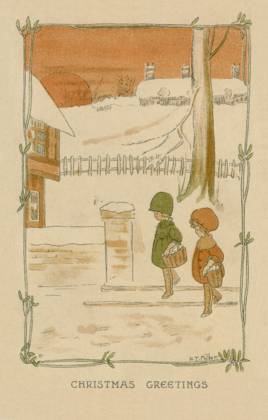 RECORD DATE NOT STATED Winter scene. Girls with baskets From Christmas card by Liberty & Co of girls carrying baskets of shopping, dressed in fashionable Liberty attire. Artist: Hilda Miller Date: circa 1910  Copyright: Copyrightx(c)Geminix2023.xCredit:xGemini 10582442