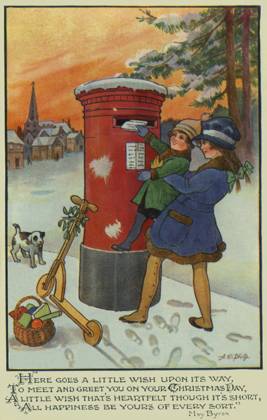RECORD DATE NOT STATED Xmas. Posting cards Here goes a little wish upon it s way? Postcard illustration of children posting letters. Series 5078. Artist: Alfred Edward Philp Date: circa 1910  Copyright: Copyrightx(c)Geminix2023.xCredit:xGemini 12480815
