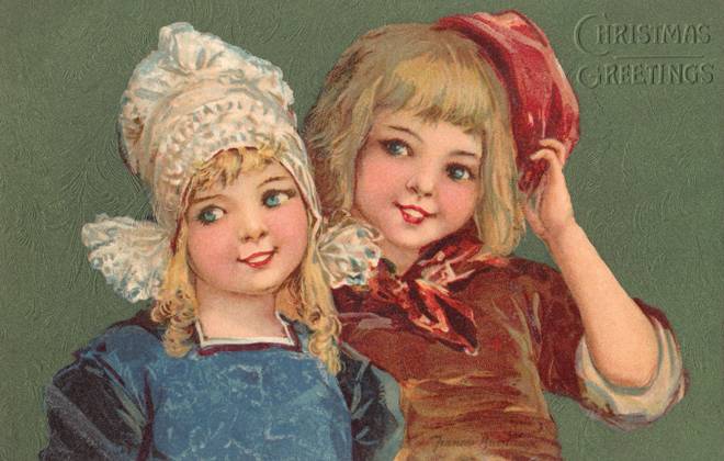 RECORD DATE NOT STATED Dutch children on a Christmas card Illustration of a happy girl and boy dressed in traditional Dutch costume on a Christmas card. Date: 1910  Copyright: Copyrightx(c)Geminix2023.xCredit:xGemini 13102377