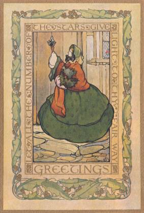 RECORD DATE NOT STATED Christmas card Lady in a crinoline dress and bonnet with a bunch of holly, knocking on the front door of a friend. Artist: Alan Wright . Date: circa 1910  Copyright: Copyrightx(c)Geminix2023.xCredit:xGemini 13140559
