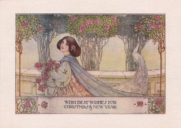 RECORD DATE NOT STATED Christmas and New Year card A romantic medieval lady with a bunch of roses from her garden. Artist: Anne Anderson. Date: circa 1910  Copyright: Copyrightx(c)Geminix2023.xCredit:xGemini 13140560