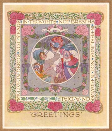 RECORD DATE NOT STATED Christmas card A decorative design depicting two ladies in a winter scene. Artist: Ethel Larcombe. Date: circa 1910  Copyright: Copyrightx(c)Geminix2023.xCredit:xGemini 13140561