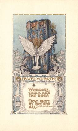 RECORD DATE NOT STATED Christmas card A decorative art nouveau style design depicting an angel in front of a towering temple, radiating the message Peace on Earth. Artist: Robert Shield Date: circa 1910  Copyright: Copyrightx(c)Geminix2023.xCredit:xGemini 13140562
