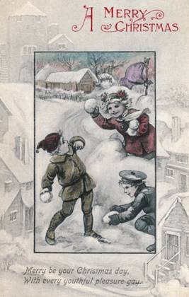 RECORD DATE NOT STATED Children snowballing on a Christmas card Happy children snowballing. Artist: Ada Leonora Bowley. Date: circa 1910  Copyright: Copyrightx(c)Geminix2023.xCredit:xGemini 13140609