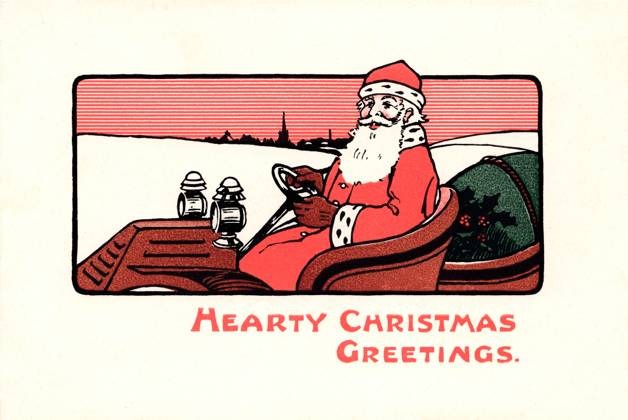 RECORD DATE NOT STATED Santa Claus on a Christmas card Santa Claus with his sack of gifts driving an open-top car. Artist: Anon Date: circa 1910  Copyright: Copyrightx(c)Geminix2023.xCredit:xGemini 13156539