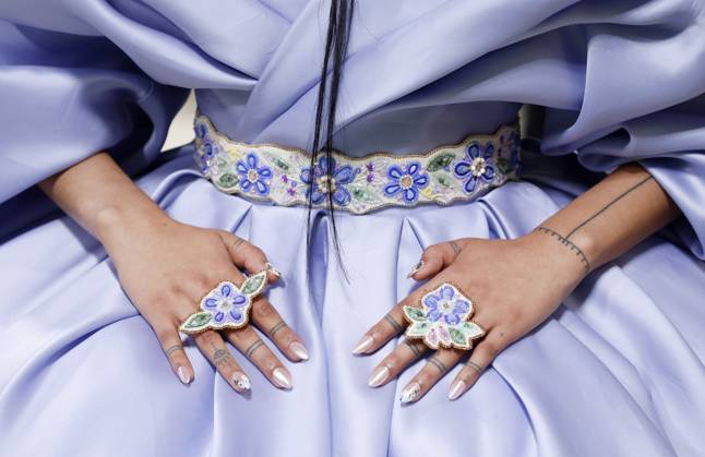 Quannah Chasinghorse arrives on the red carpet at the 2024 Met Gala celebrating Sleeping Beauties: Reawakening Fashion at The Metropolitan Museum of Art on Monday, May 6, 2024 in New York City.  NYP20240506522 JOHNxANGELILLO