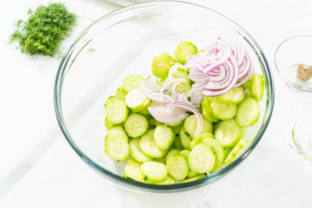 IMAGO Creative, Food, Gurkensalat Cucumber salad Summer cucumber salad in a large glass mixing bowl. Copyright: xArinaxHabich RECORD DATE NOT STATED