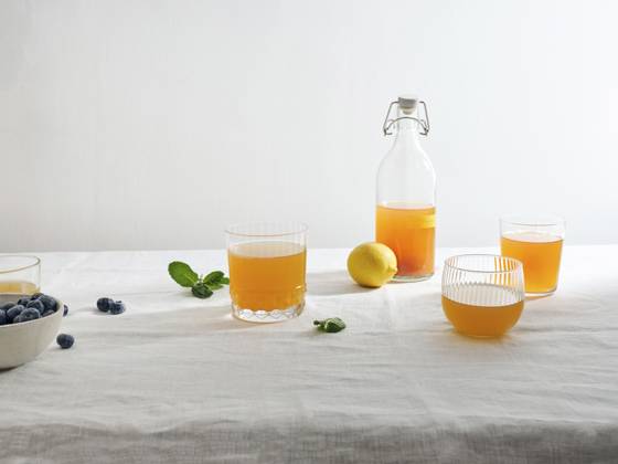 Glasses of homemade fermented kombucha drink with fruit flavour on white background Homemade fermented kombucha drink with fruit flavour on white background Copyright: xAsyaxNurullinax AN260424-19