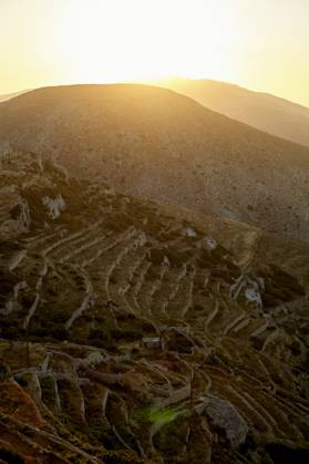 The sun sets behind a hill, casting a warm glow over terraced slopes with a network of paths or steps carved into the landscape. Folegandros Greece bola01002 Copyright: xConnectxImagesx
