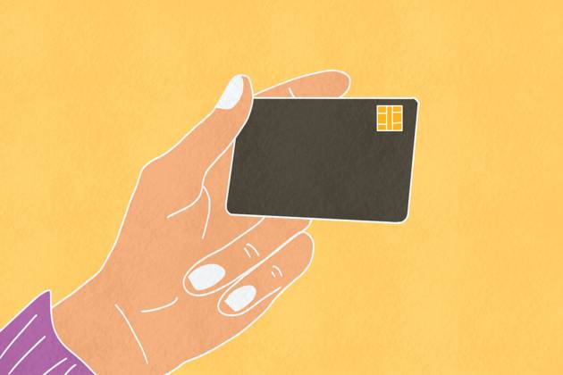 This digital illustration features a hand holding a black credit card against a vibrant yellow background, emphasizing simplicity and minimalism Model Released HodeiUnzueta_ID22153_647717_002 Copyright: xHodeixUnzuetax RECORD DATE NOT STATED