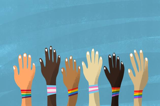 This colorful illustration depicts a group of hands of diverse skin colors, each adorned with a rainbow wristband, raised against a textured blue background in a gesture of unity and celebration for Pride Day Model Released HodeiUnzueta_ID22347_652639_005 Copyright: xHodeixUnzuetax RECORD DATE NOT STATED
