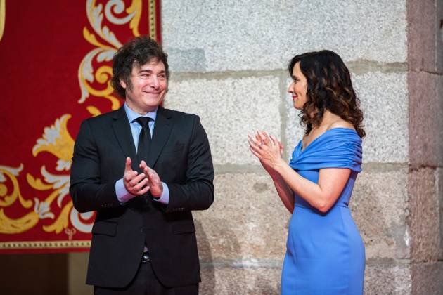 Javier Milei president of Argentina visits Madrid, Spain - 21 Jun 2024 Javier Milei, president of Argentina, together with Isabel Diaz Ayuso, president of the Community of Madrid, applaud, at the Real Casa de Correos, during the award ceremony for the International Medal of the Community of Madrid, in the center of the capital. The Argentine president Javier Milei traveled to Spain personally to receive the International medal from the Community of Madrid and receive the award from the Juan de Mariana association at the Freedom Dinner . Madrid Spain Copyright: xLuisxSotox xSOPAxImagesx LSOTOJM02
