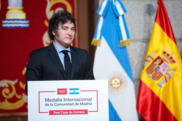 Javier Milei president of Argentina visits Madrid, Spain - 21 Jun 2024 Javier Milei, president of Argentina at the Real Casa de Correos, during the award ceremony for the International Medal of the Community of Madrid, in the center of the capital. The Argentine president Javier Milei traveled to Spain personally to receive the International medal from the Community of Madrid and receive the award from the Juan de Mariana association at the Freedom Dinner . Madrid Spain Copyright: xLuisxSotox xSOPAxImagesx LSOTOJM03